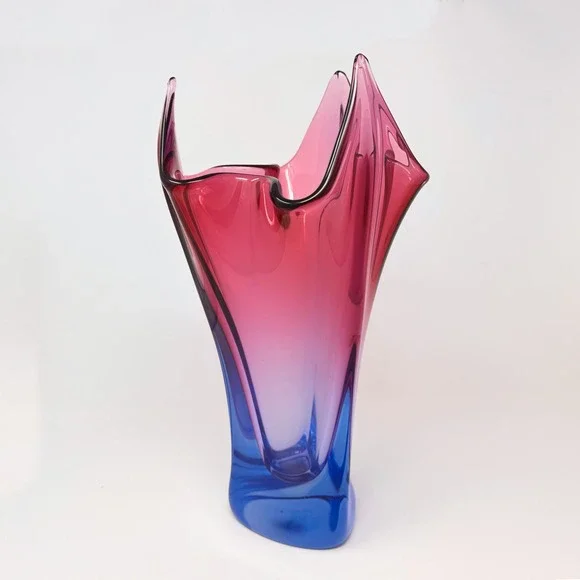 Vintage Hand Blown Sommerso Art Glass Vase Blue Pink Handkerchief Murano Style - Picture 3 of 3